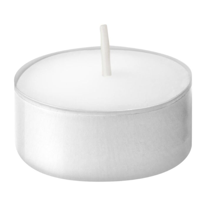 Wit theelichtje met lont in een rond aluminium cupje, van Bolsius met een brandtijd van 4 uur. 200 stuks zonder palmolie en dierlijke vetten.