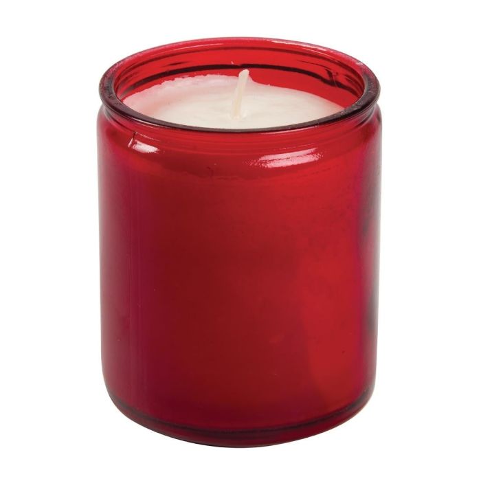 Rood glazen kaarsenpotje met witte was en een lont van Bolsius starlight.