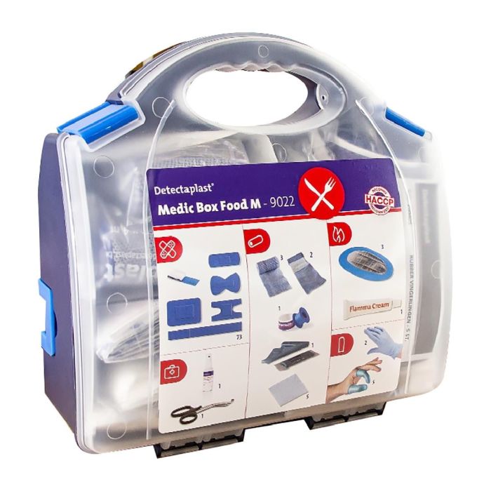 Doorzichtige EHBO-doos Detectaplast Medic Box Food M met blauwe sluitingen, draaggreep en etiket met inhoud en HACCP-logo.