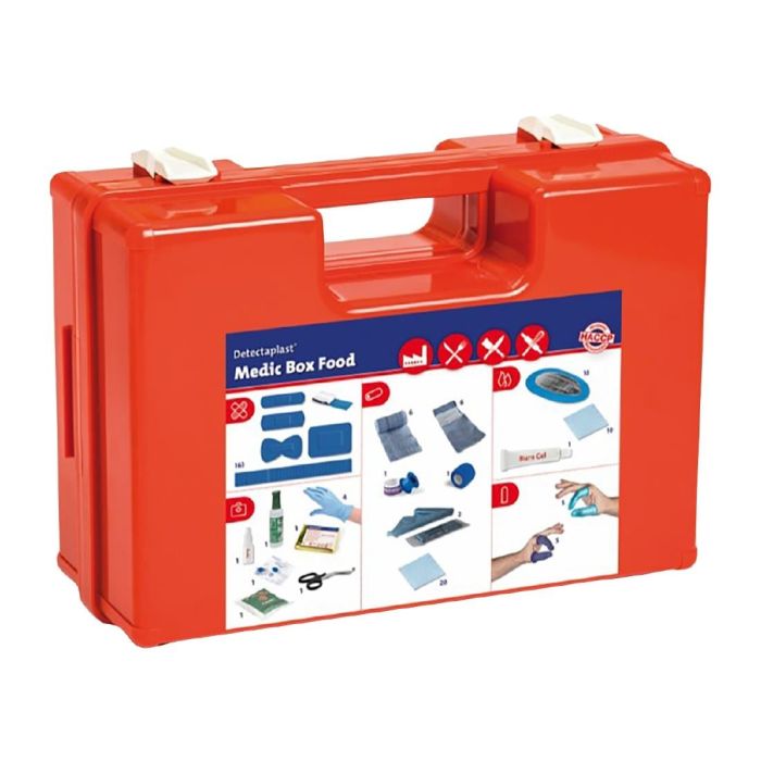 Rode EHBO-koffer Detectaplast Medic Box Food met witte sluitingen en een sticker met de inhoud en HACCP-logo.
