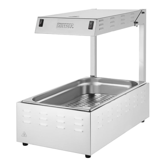 RVS frites warmhoudstation van Buffalo met warmtelamp boven een bak met geperforeerde bodem.
