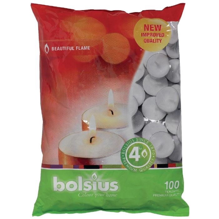 Zak Bolsius theelichten, 100 stuks, 4 uur brandduur.