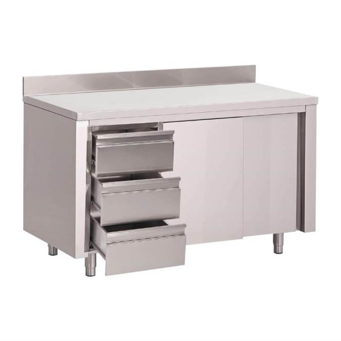 RVS werktafel met laden en opstand 100 cm