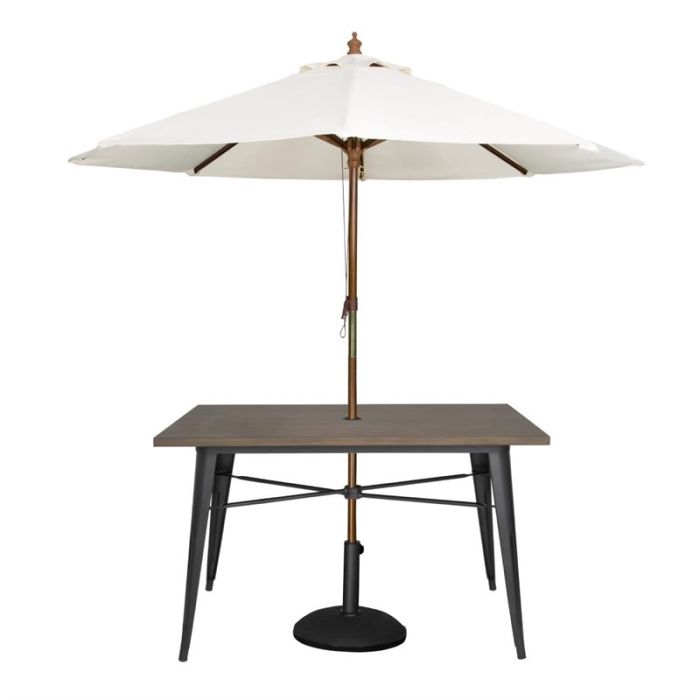 Outdoor tafel aluminium met donker houtlook.