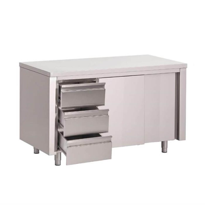 RVS werktafel met laden en deuren 200 cm