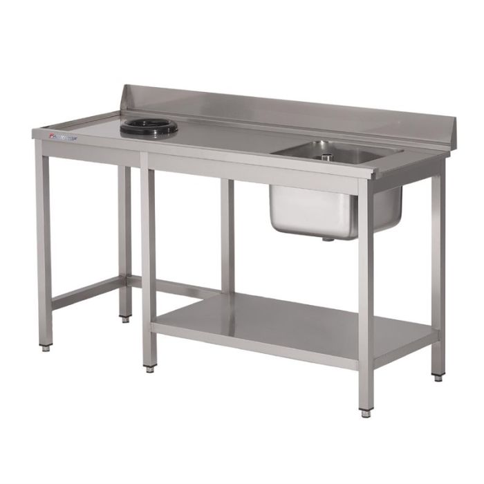 RVS spoeltafel 140 cm met afvalgat en 1 spoelbak rechts