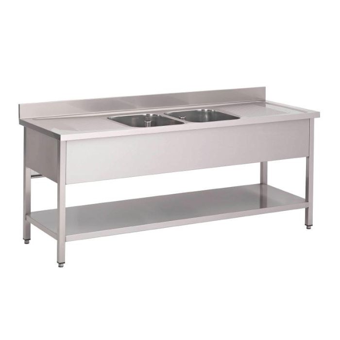 RVS spoeltafel met 2 spoelbakken midden 200 cm