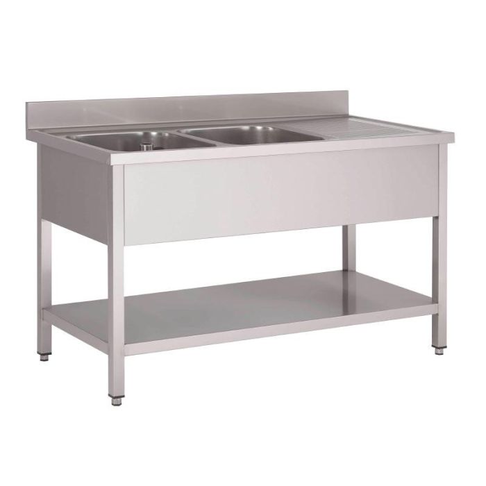RVS spoeltafel met twee spoelbakken links 160 cm