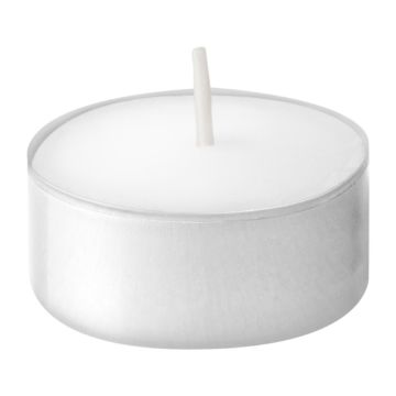 Wit theelichtje met lont in een rond aluminium cupje, van Bolsius met een brandtijd van 4 uur. 200 stuks zonder palmolie en dierlijke vetten.
