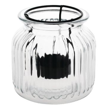 Helder glazen theelichthouder met verticale ribbels, zwarte metalen ring op de rand van Olympia.