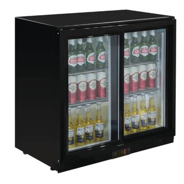 Zwarte barkoeling met 2 glazen schuifdeuren voor horeca.