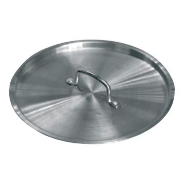 Rond metaalkleurig pandeksel met geborsteld oppervlak en gebogen metalen handgreep in het midden.