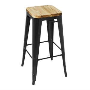 zwarte stalen barkrukken met houten zitting.