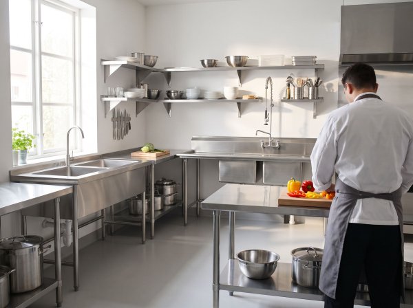 RVS werktafels en spoeltafels in een professionele keuken